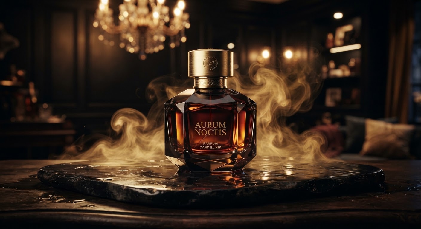 Amber flacon wreathed in golden smoke beneath a chandelier
